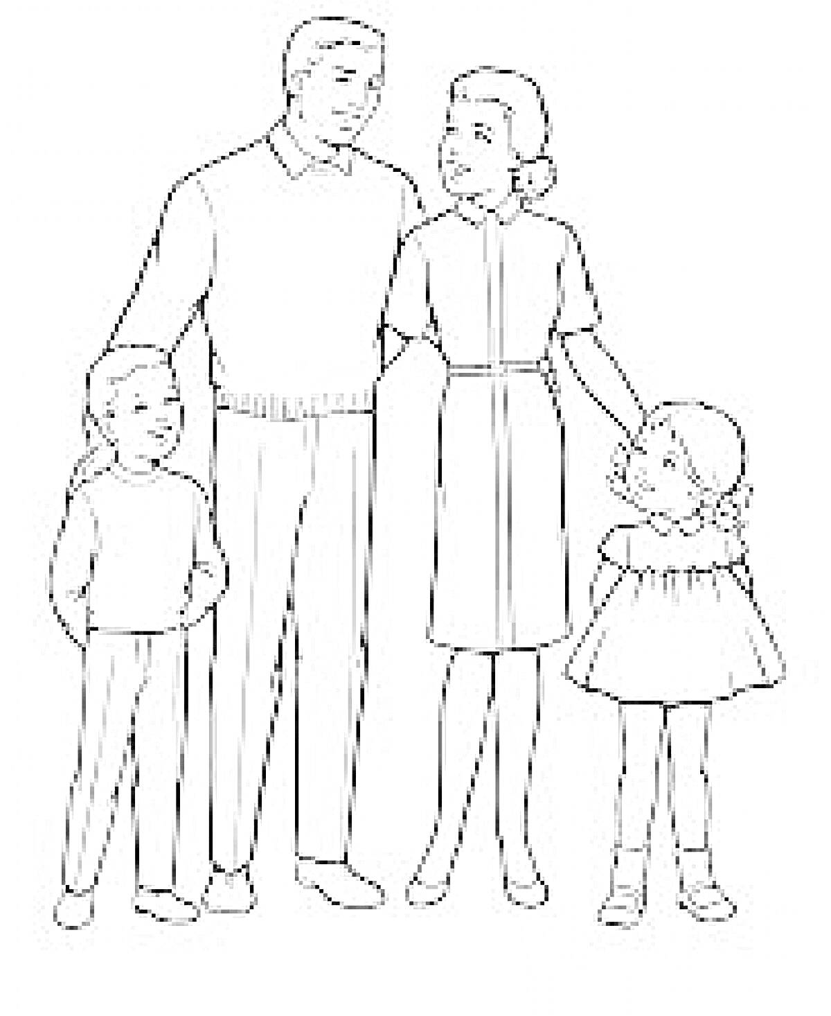 Раскраска Семья с двумя детьми. Взрослый мужчина и взрослая женщина стоят между двумя детьми. Мужчина в свитере и брюках, женщина в платье. Один ребенок в брюках и свитере, другой в платье.