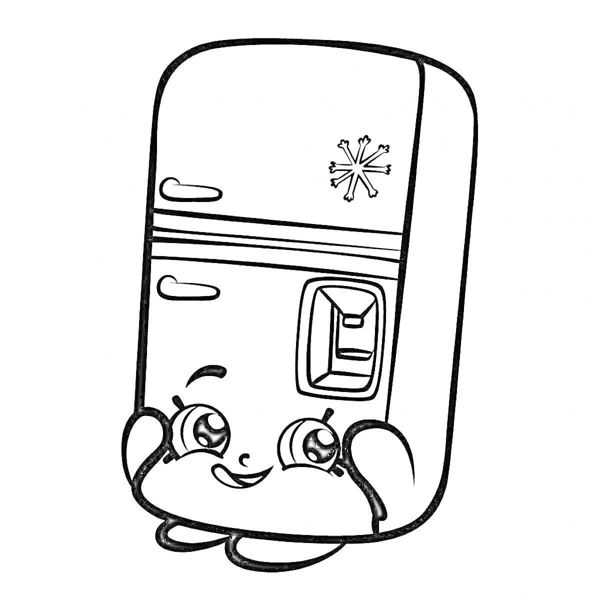 На раскраске изображено: Холодильник, Лицо, Глаза, Улыбка, Для детей, Ручка, Снежинки