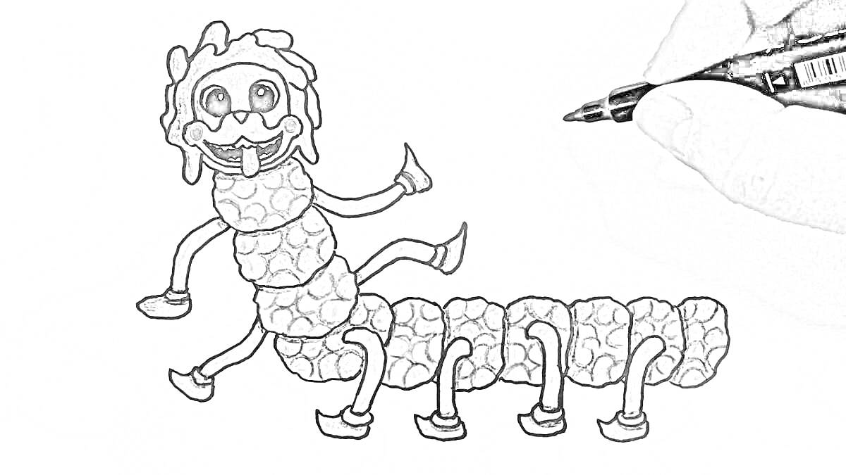 Раскраска мопс-гусеница с весёлыми глазами, разноцветными сегментами тела, усами и ногами, художник рисует фломастером