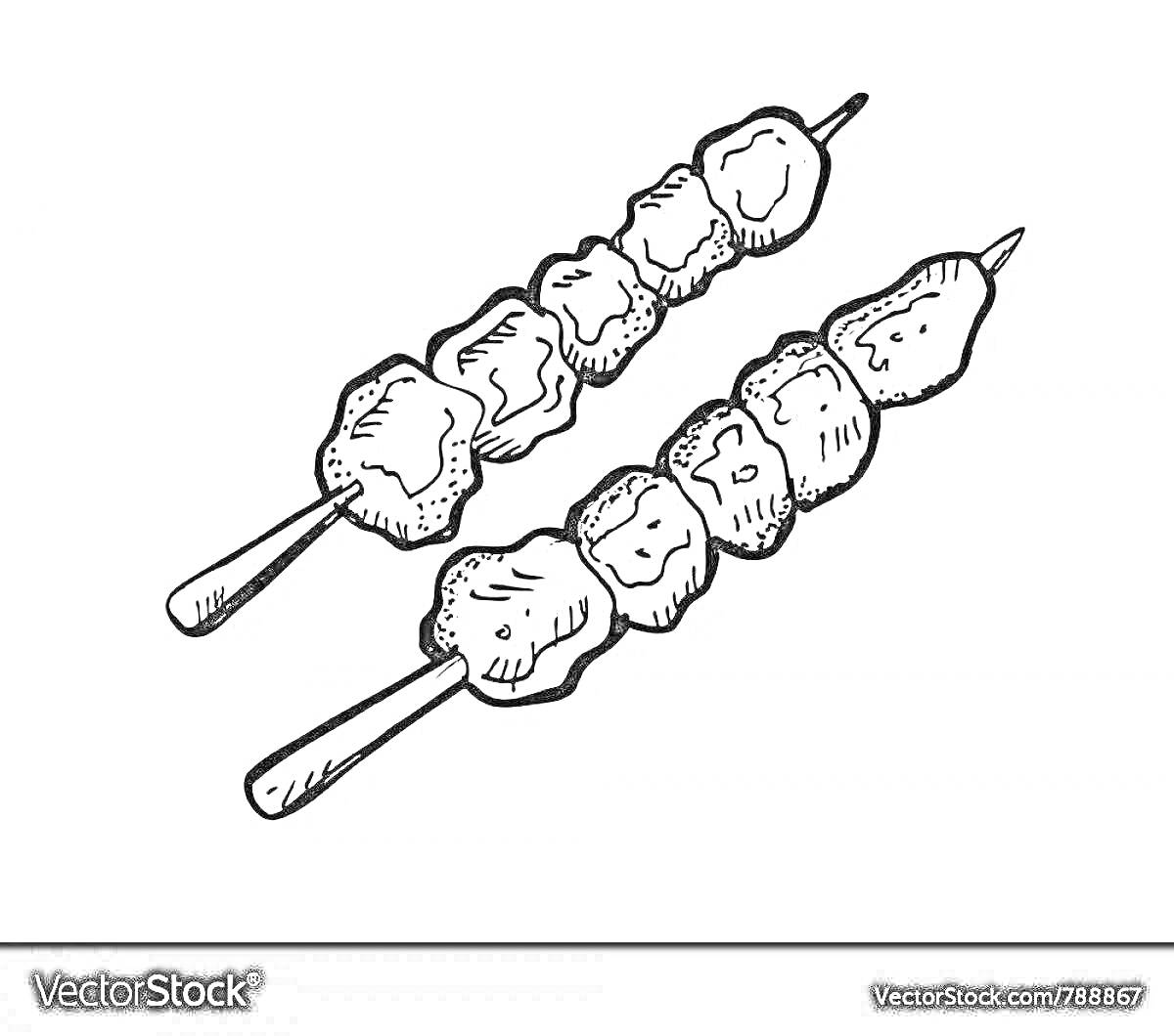 Раскраска Два шампура с шашлыком (шашлык из кусочков мяса на шампурах)