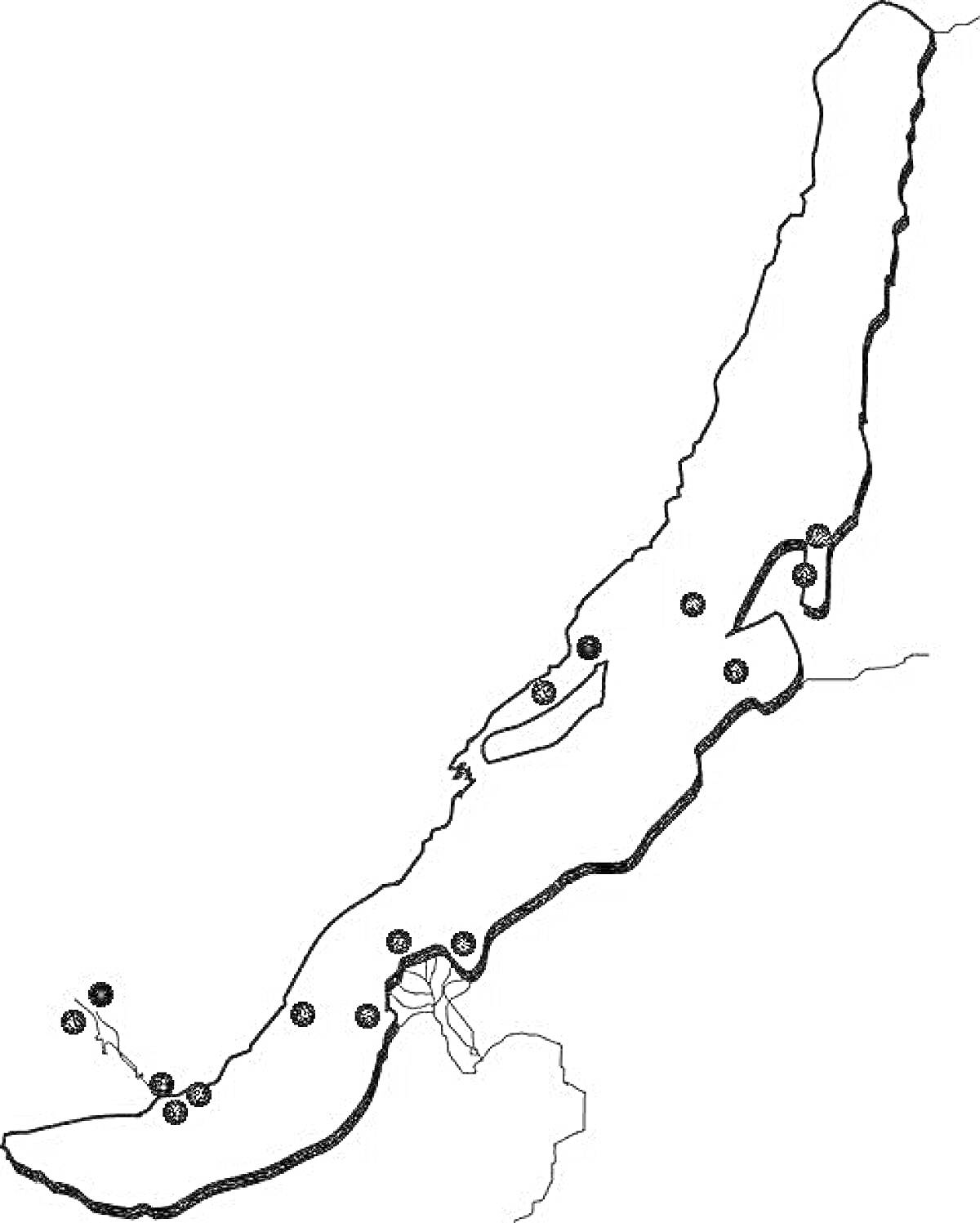Раскраска Карта озера Байкал с отметками местоположений