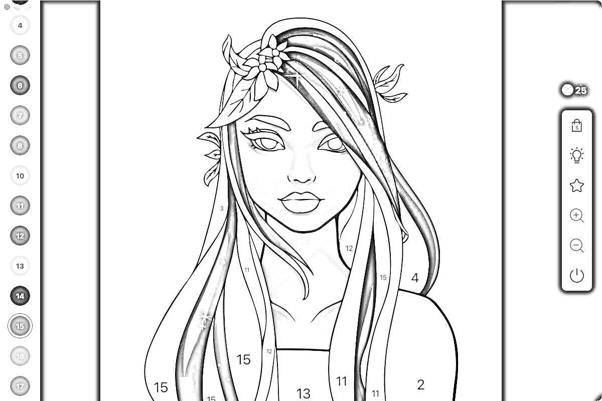 Раскраска Девушка с длинными волосами, венком и накидкой, раскраска по номерам в приложении