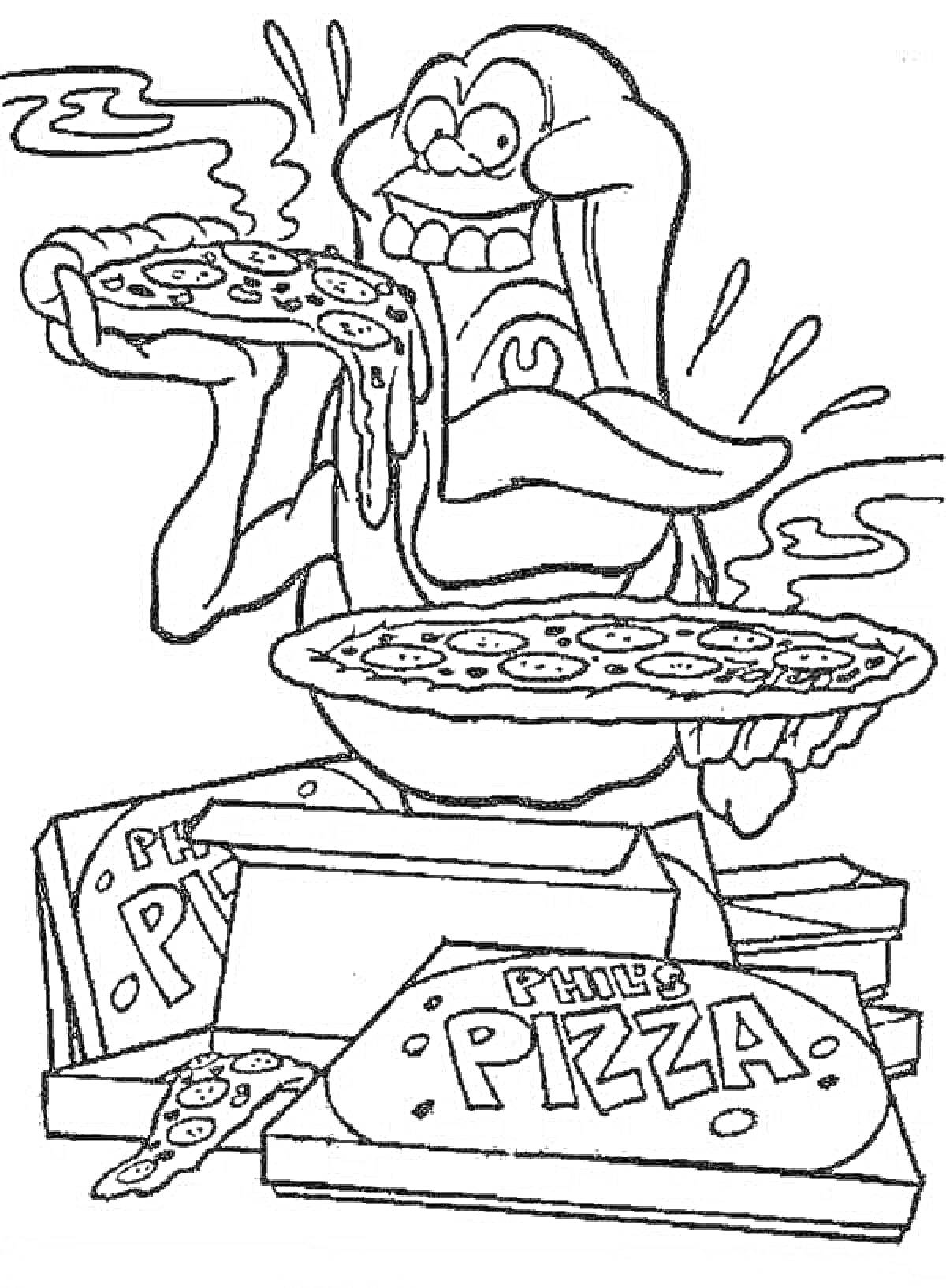 Раскраска Лизун, держащий кусок пиццы и коробки с пиццей