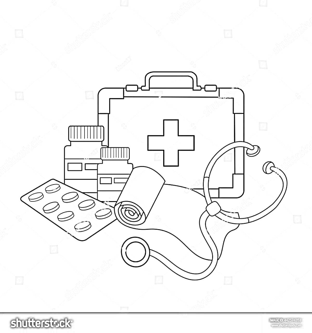 Раскраска Аптечка с коробкой для медикаментов, бутылочками с лекарствами, блистером с таблетками, бинтом и стетоскопом