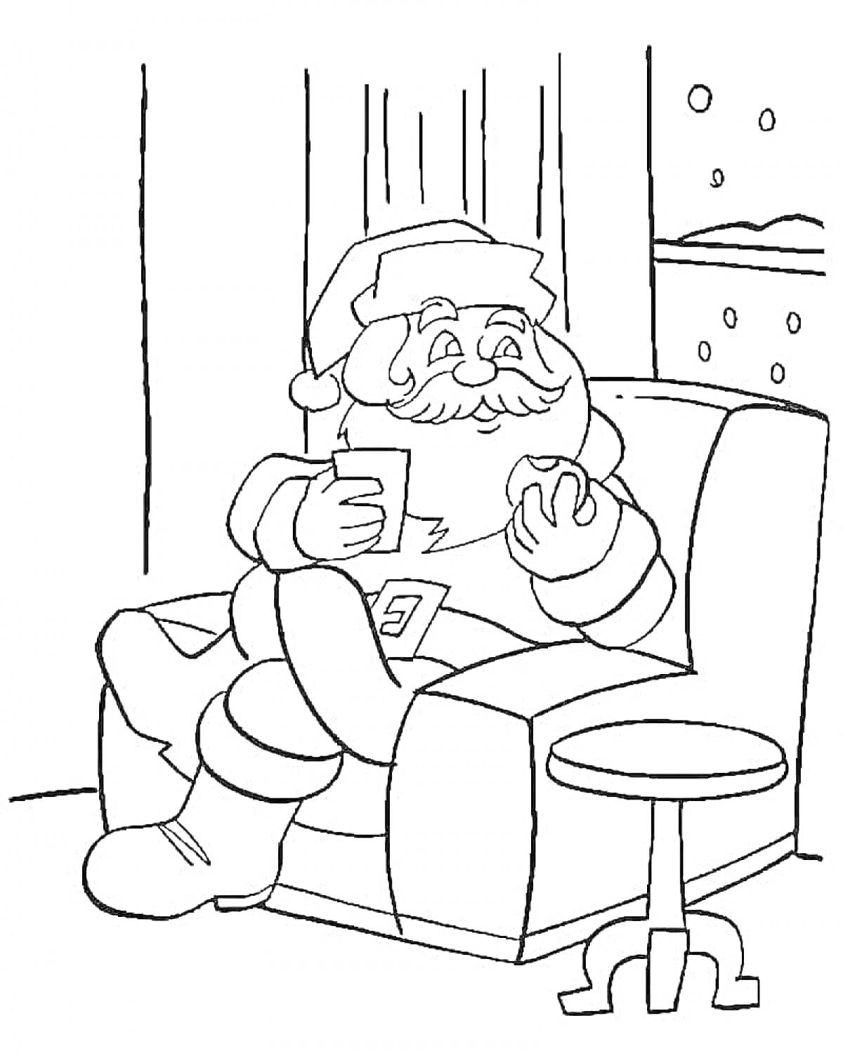 Раскраска Дед Мороз сидит в кресле с кружкой и печеньем, на фоне окно с падающим снегом