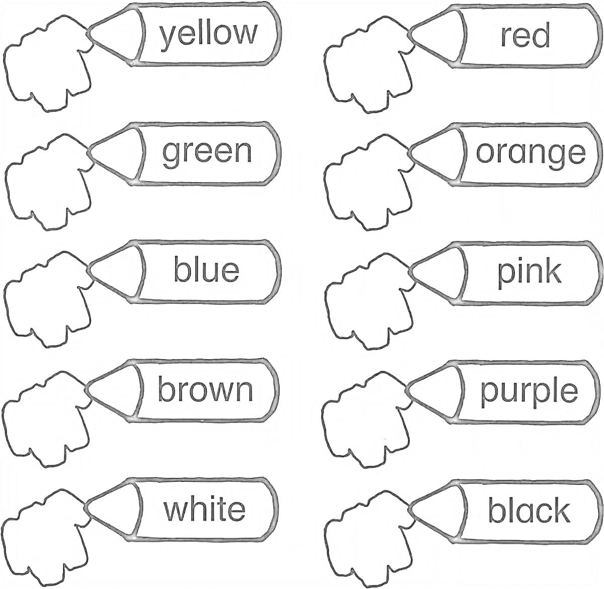 Раскраска Цветные карандаши с названиями цветов: жёлтый, красный, зелёный, оранжевый, синий, розовый, коричневый, фиолетовый, белый, чёрный.