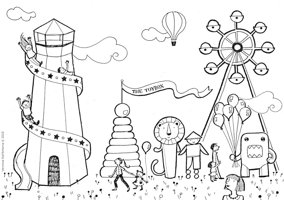 Раскраска Проект игрового времени с маяком, горкой, воздушным шаром, каруселью, фигурой льва, цепью восьмерок, фигурой из шаров и двумя персонажами