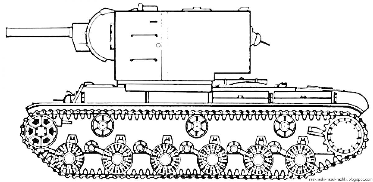 На раскраске изображено: Танк, КВ-44, Военная техника, Гусеницы, Башни, Детализированное изображение