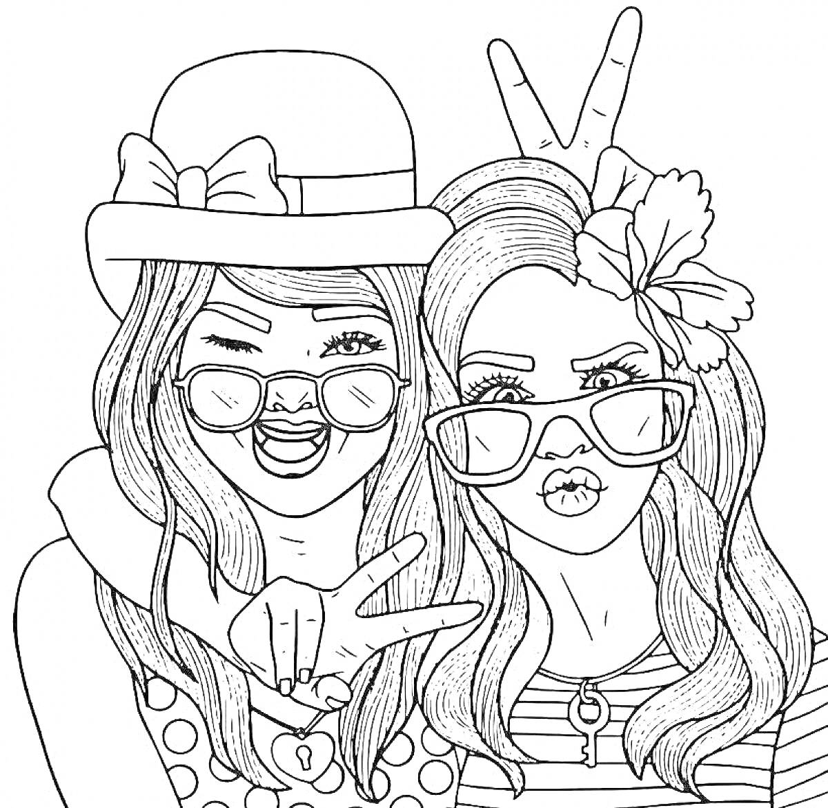 Раскраска Девушки с очками, в шляпе и с цветком в волосах, показывающие знаки 