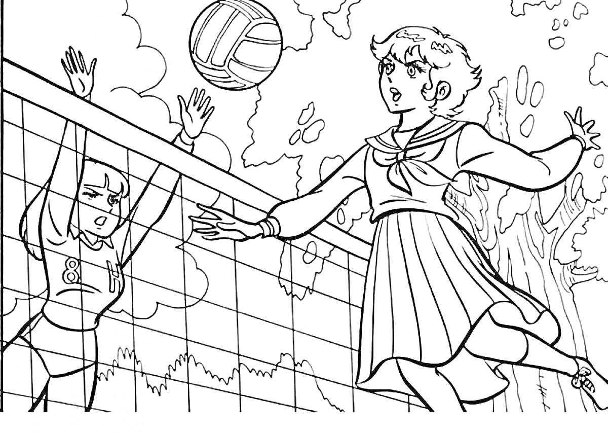 На раскраске изображено: Волейбол, Сетка, Спорт, Игровой момент, Школьная форма, Деревья, Облака, Девочка, Мячи