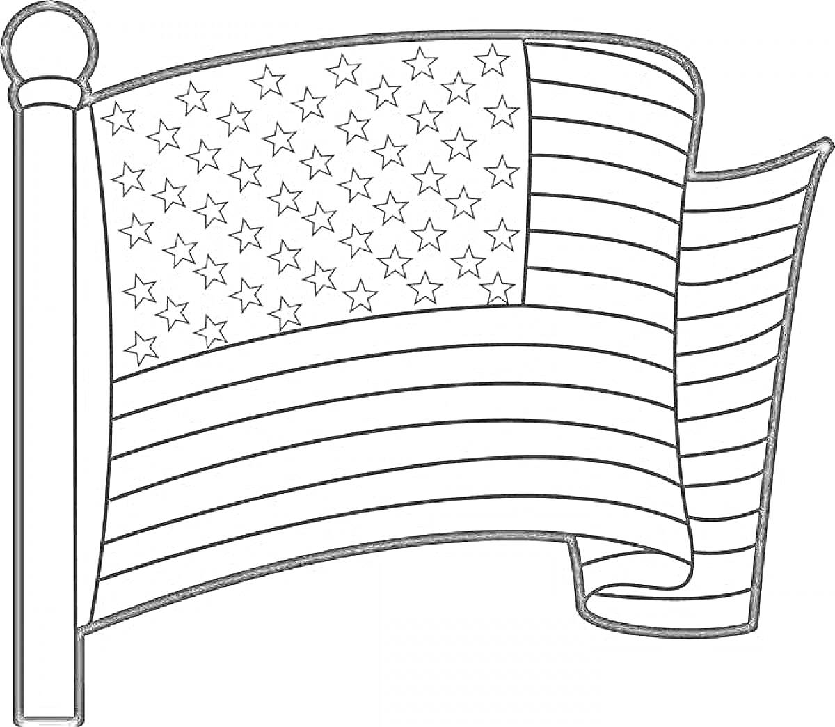 Раскраска Раскраска флага США с полосками и звездами на флагштоке