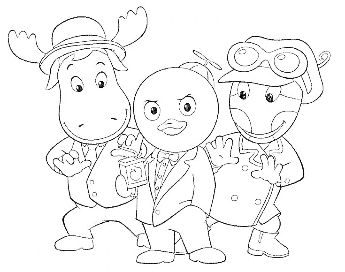 Раскраска Лось в шляпе, утенок с камерой, червяк в очках и шлеме