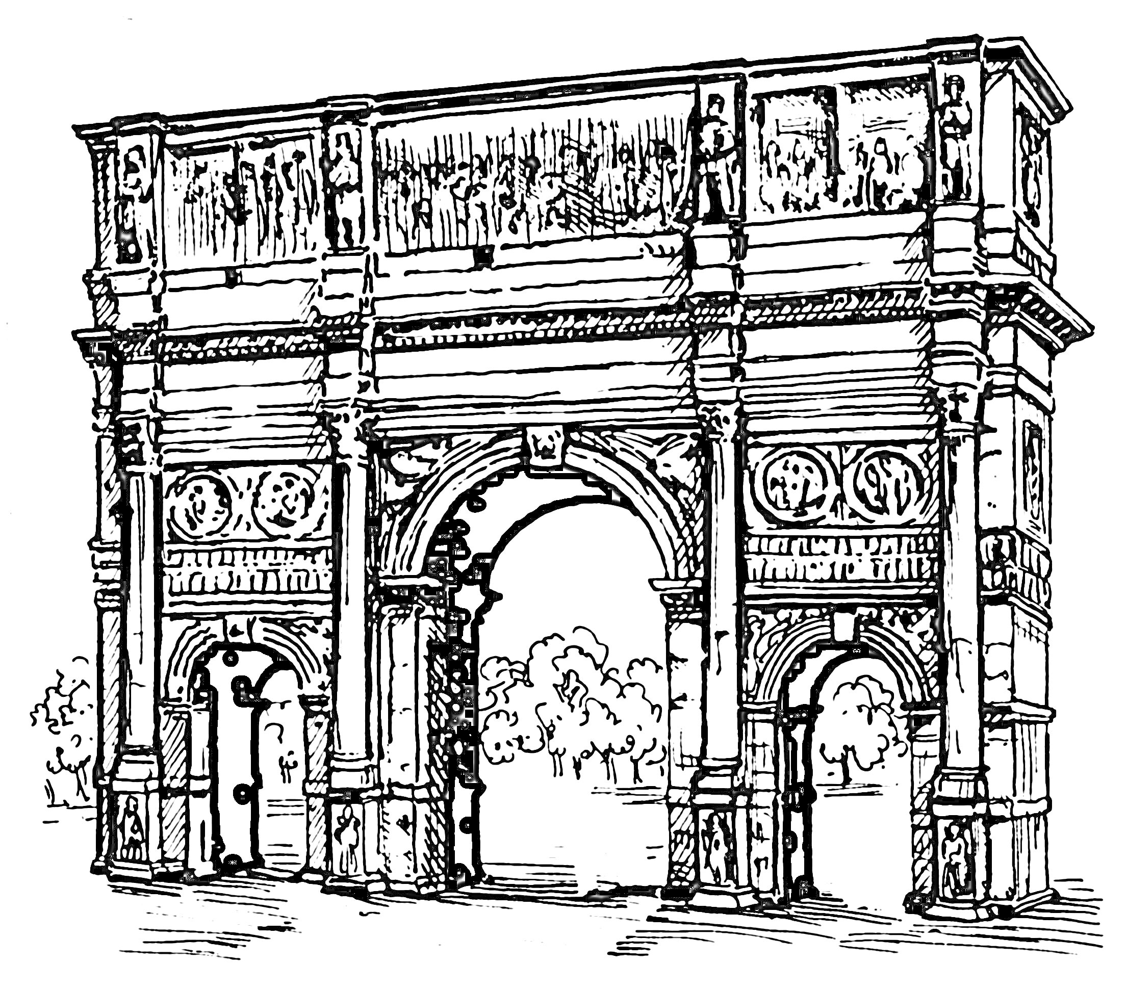 Раскраска Триумфальная арка с тремя проходами на фоне деревьев