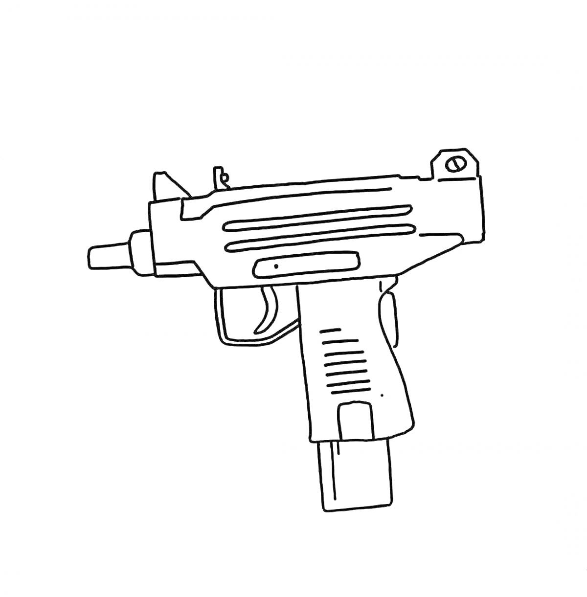 На раскраске изображено: Узи, Пистолет-пулемет, Оружие, Ручка, Магазин