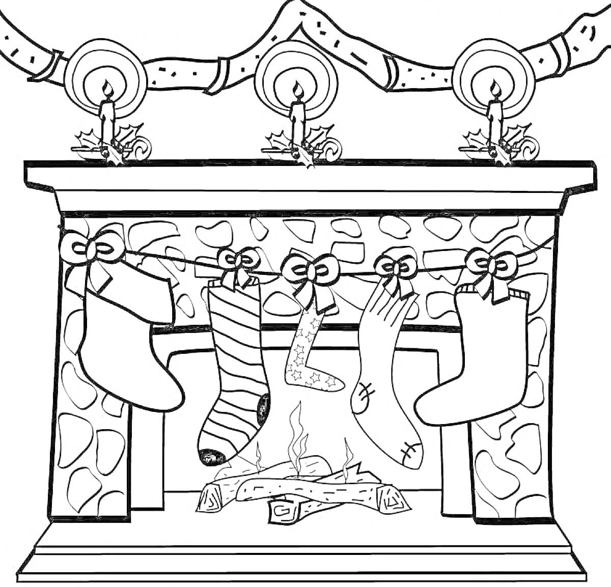 На раскраске изображено: Камин, Свечи, Рождественские носки, Платье, Полено, Огонь, Украшения, Рождество, Каменная стена