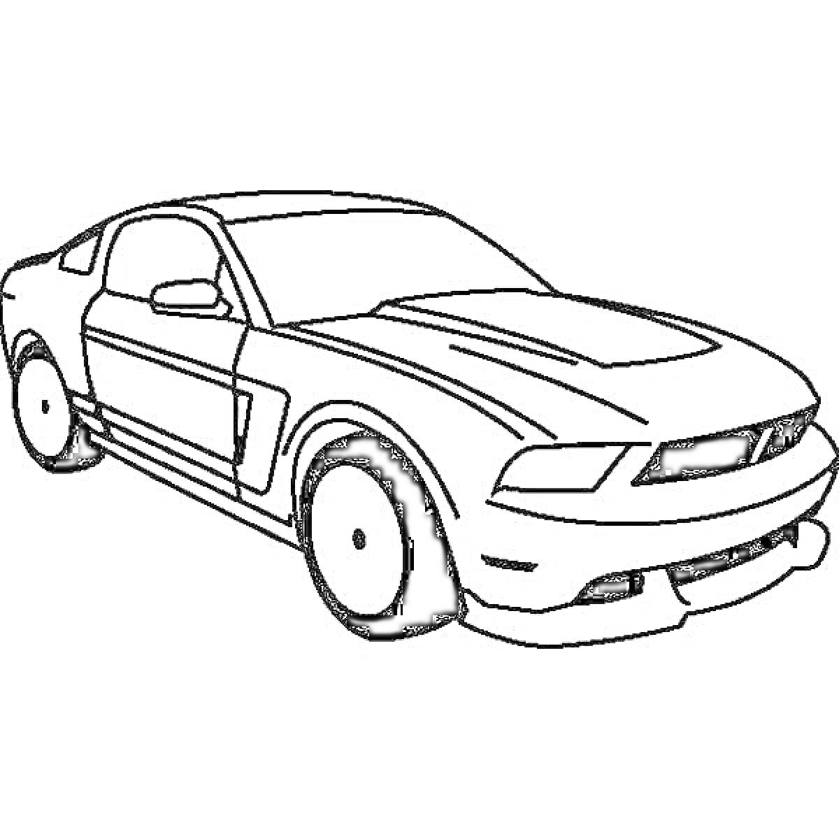 Раскраска Раскраска машины Ford Mustang с деталями кузова, колес, фар, капота и дверей
