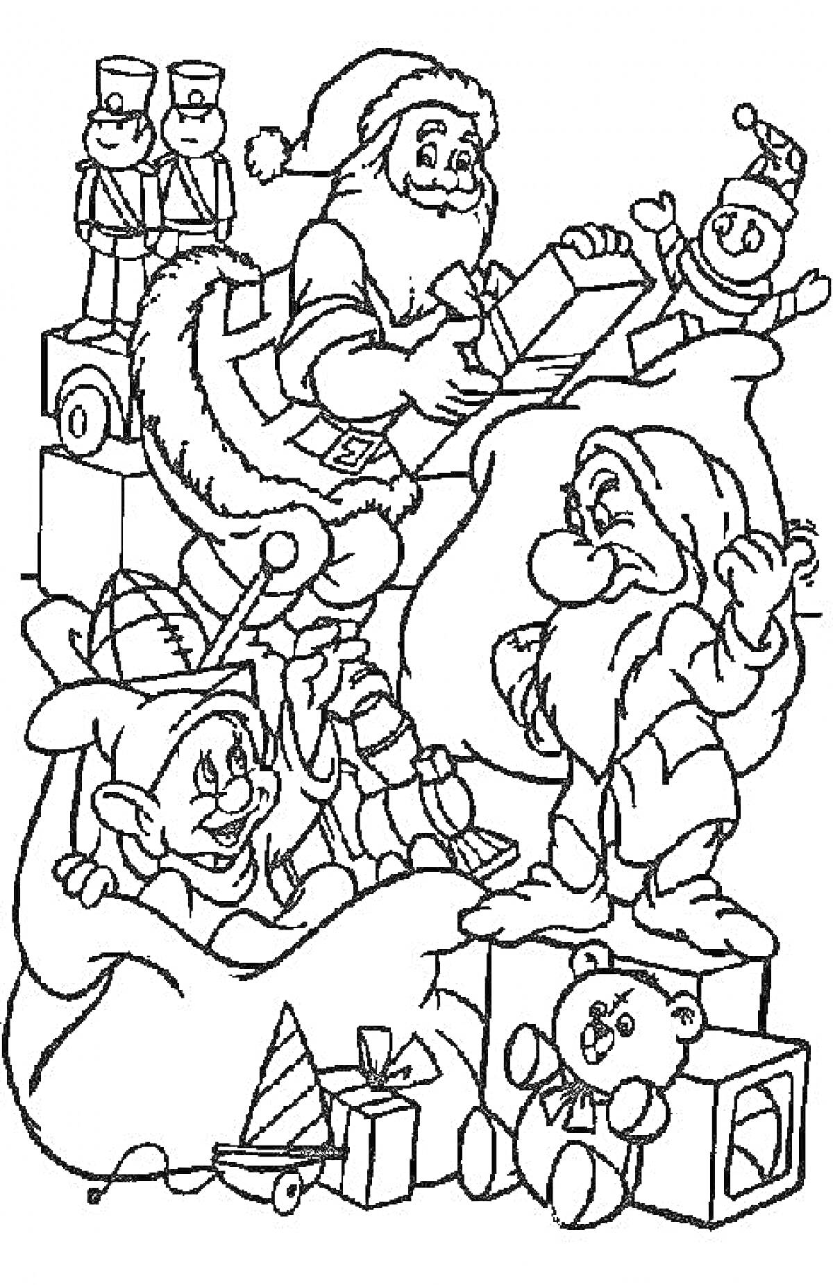 Раскраска Дисней на Новый год с Санта-Клаусом, эльфом, ворчливым гномом, игрушечным медведем, клоуном и подарками, а также игрушечными солдатиками.