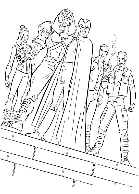 Раскраска Пять персонажей Люди Икс в боевой стойке, лестница на переднем плане