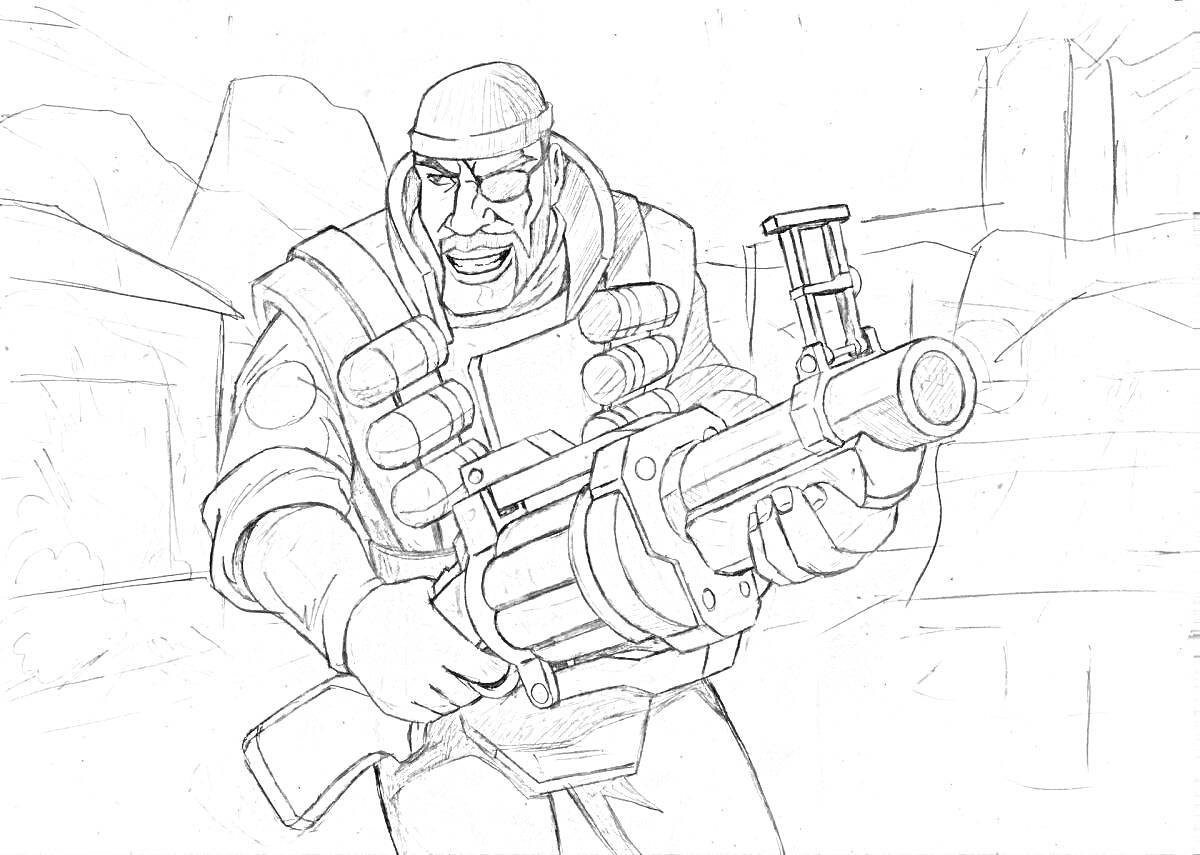 Раскраска Персонаж с гранатомётом в боевой экипировке на фоне городских зданий и гор