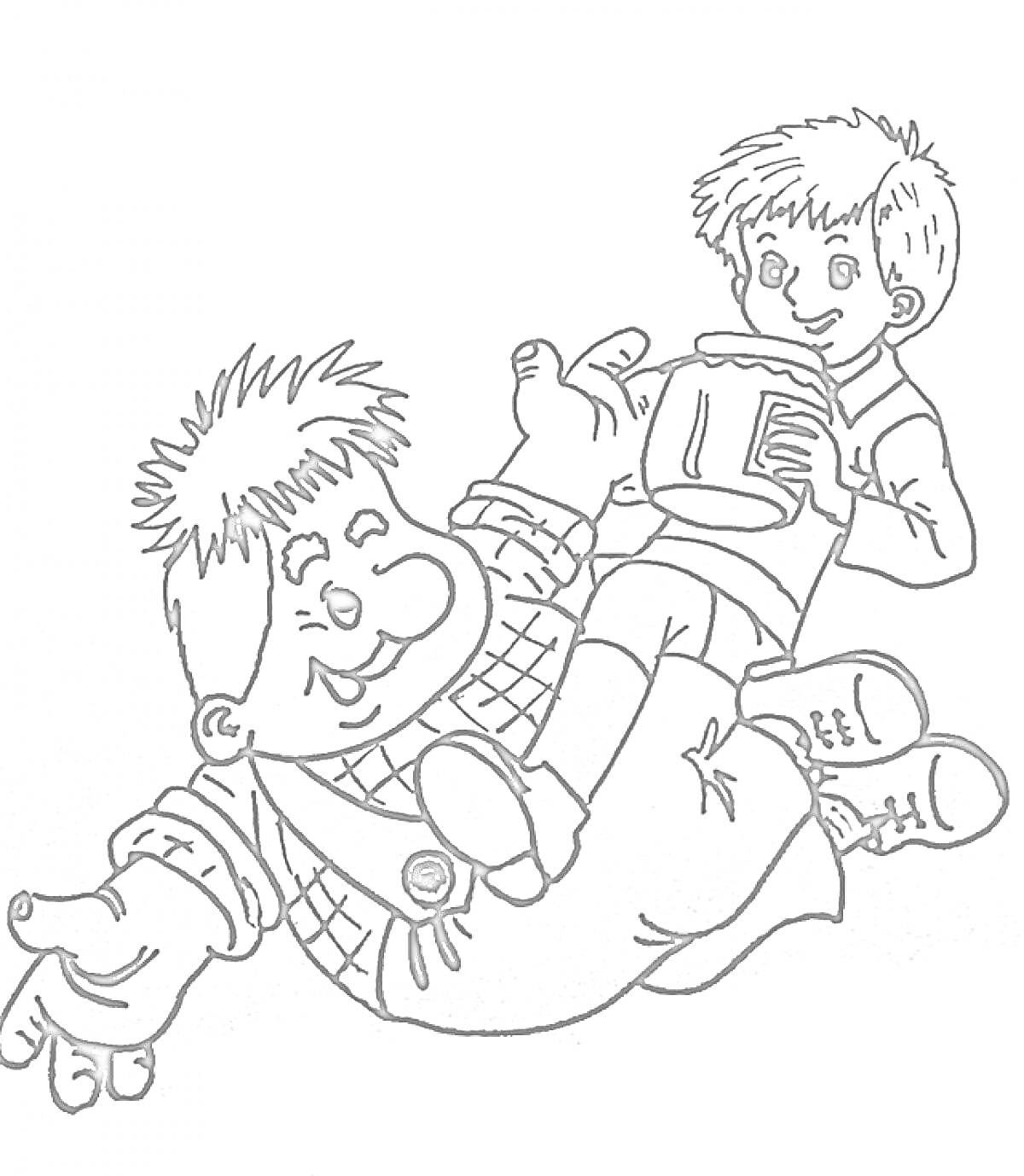 Раскраска Карлсон и мальчик, Карлсон лежит на боку, мальчик держит банку с вареньем