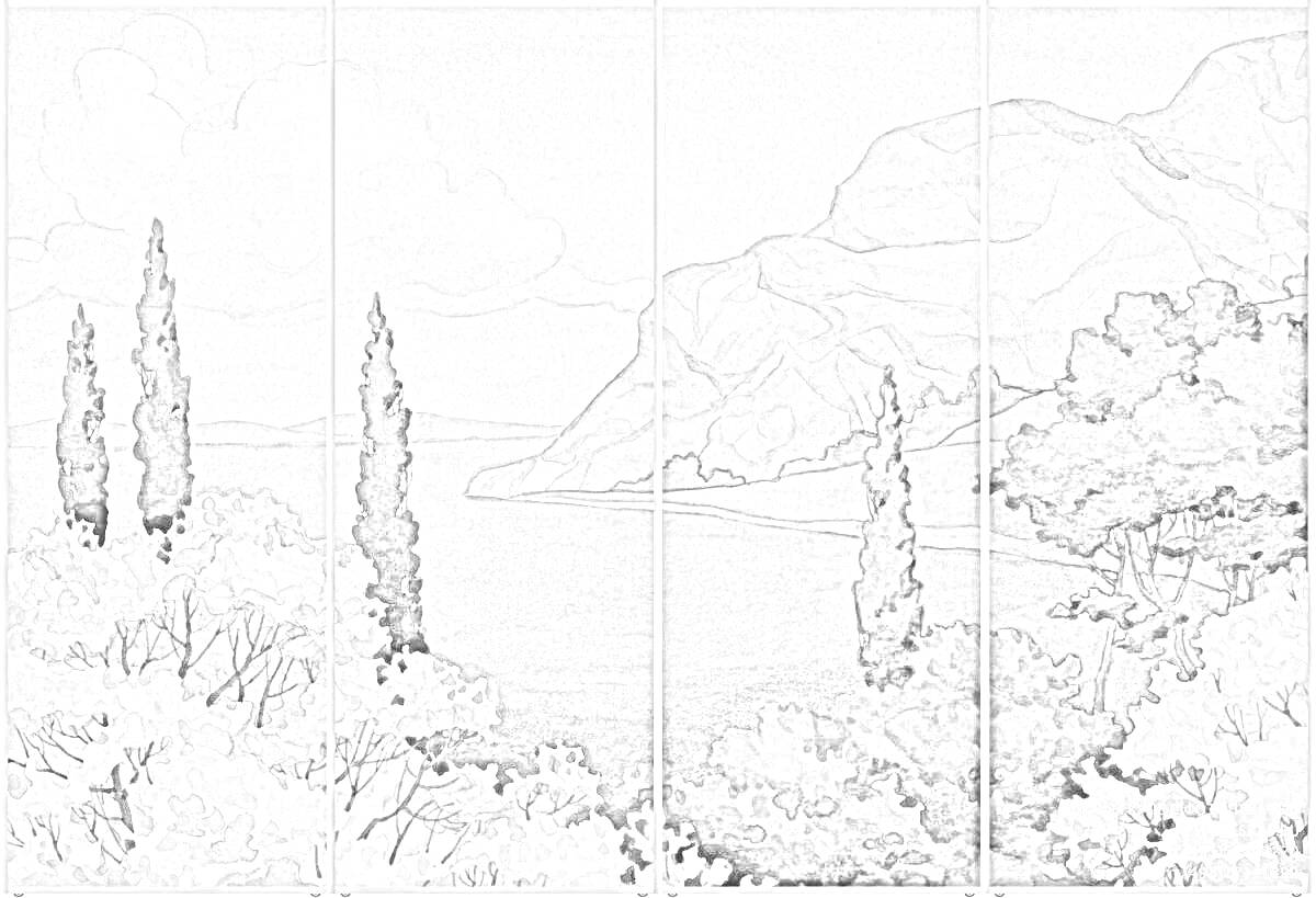 Раскраска Пейзаж Крыма с горами, деревьями и морем