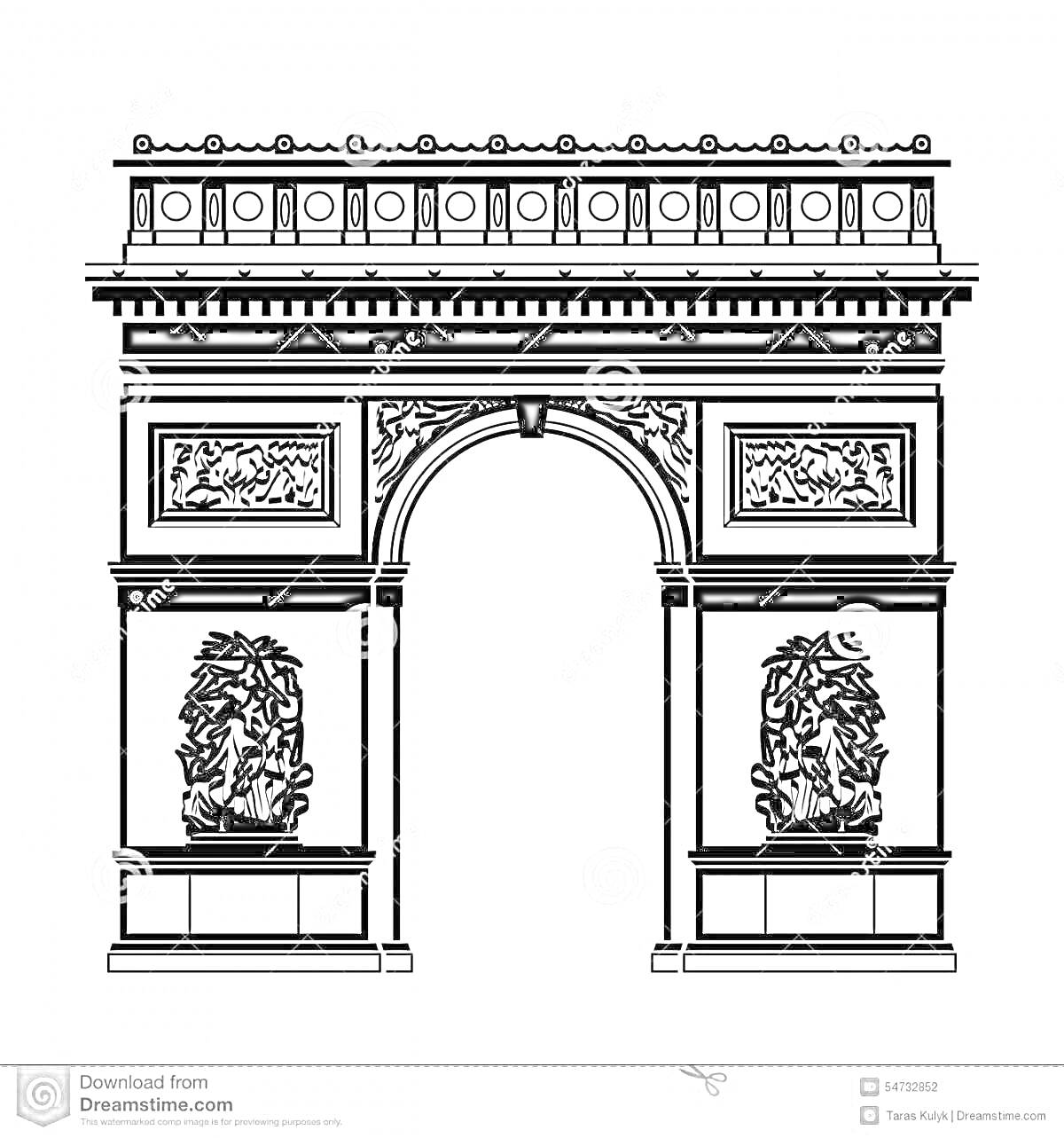 контур триумфальной арки с декоративными элементами наверху и рельефами на боковых стенках