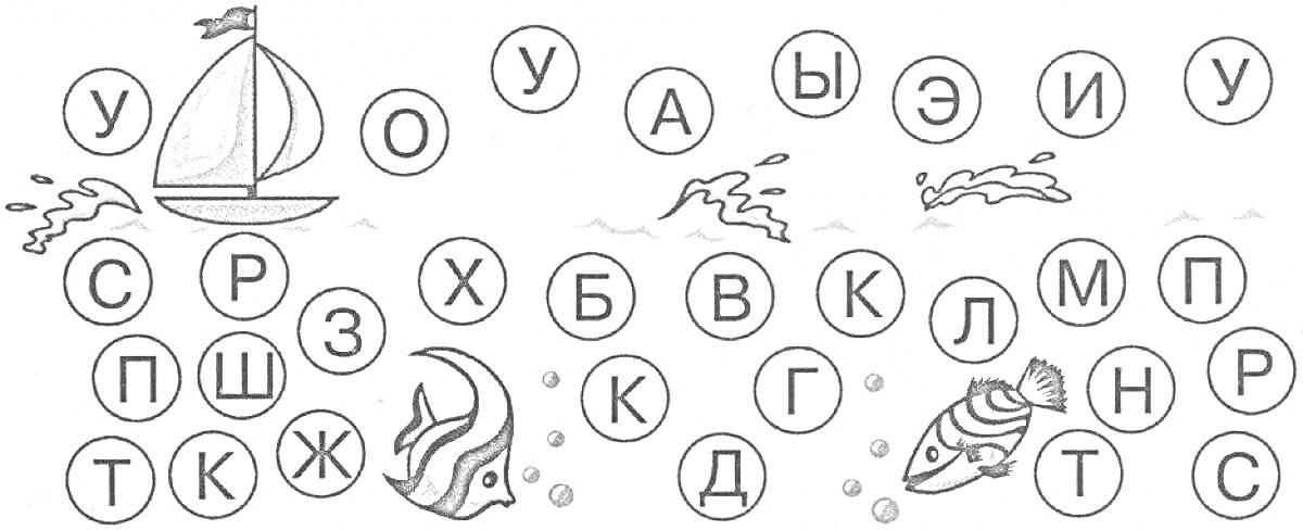 Раскраска Раскраска с гласными буквами, лодка, волны, рыбы, буквы