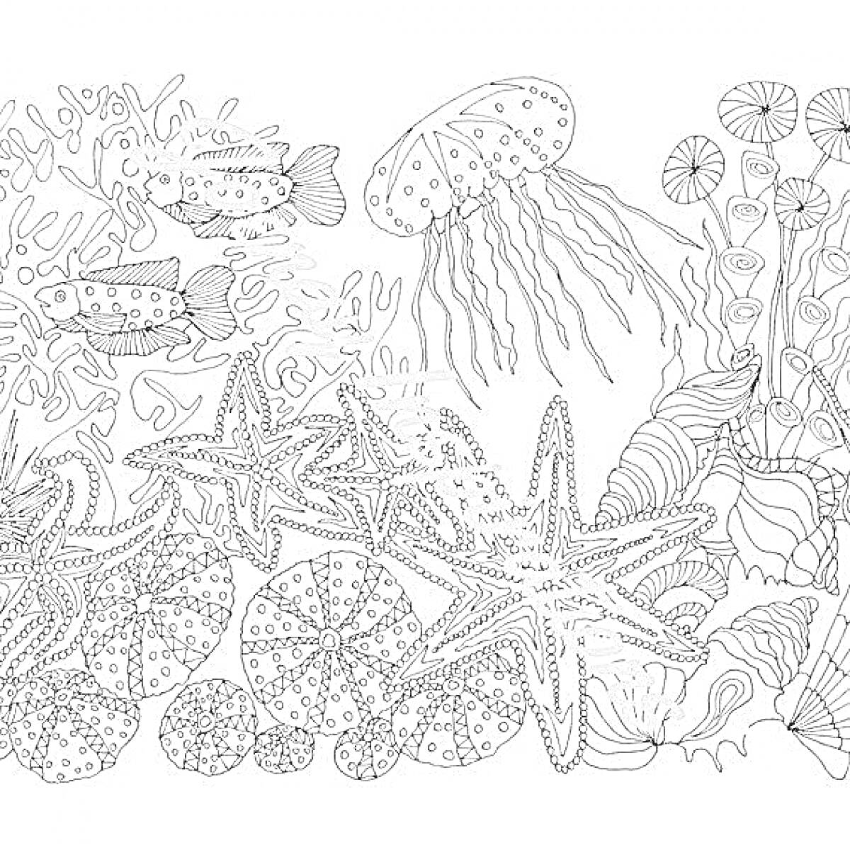 На раскраске изображено: Подводный мир, Морские звезды, Медуза, Кораллы, Антистресс, Морская жизнь, Для взрослых