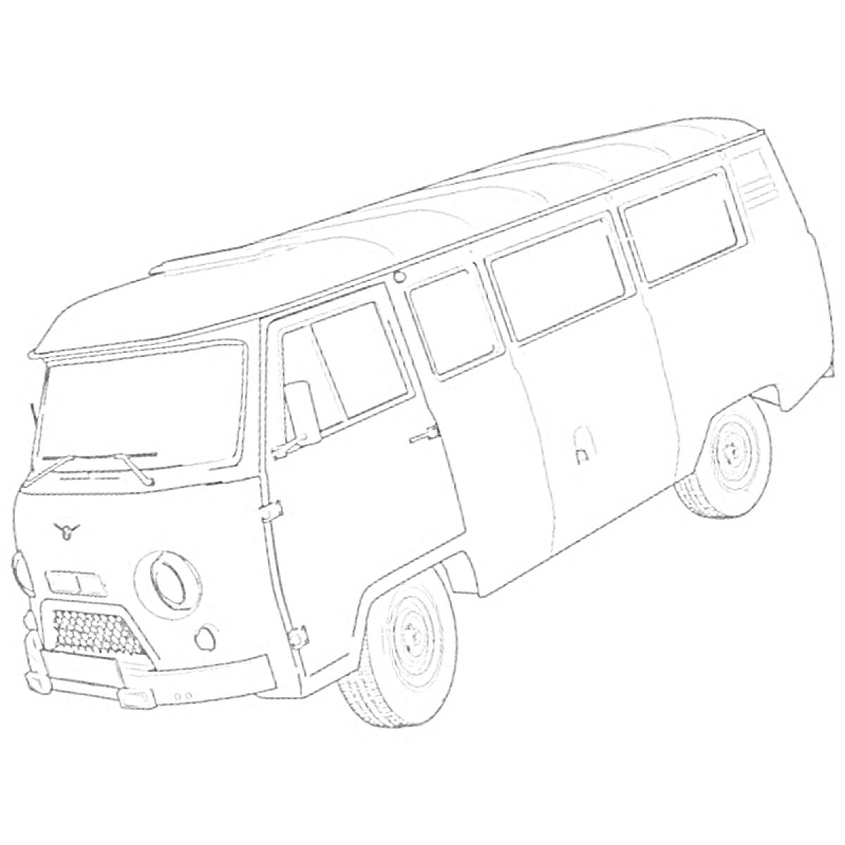 На раскраске изображено: УАЗ, Буханка, Микроавтобус, Транспорт, Советская машина