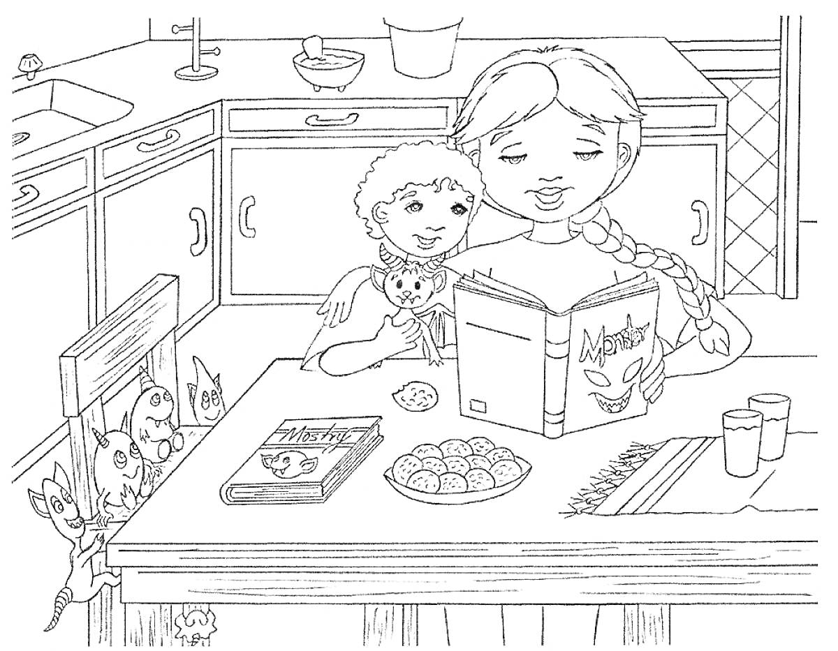 На кухне: дети с книгой и печеньем, котенок, книга на столе, шкафы, умывальник, игрушки, посуда