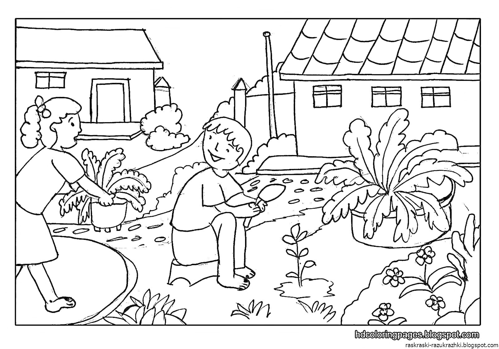 На раскраске изображено: Сад, Цветы, Растения, Дом, Урожай, Работа в саду, Мальчик, Девочка