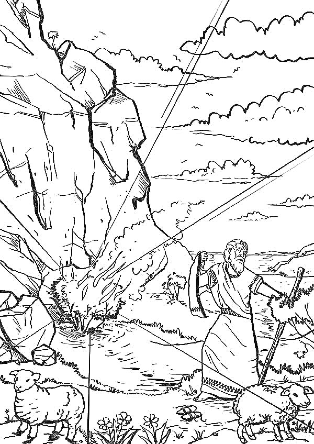 Раскраска Неопалимая купина с Моисеем около горящего куста, несколько овец вокруг