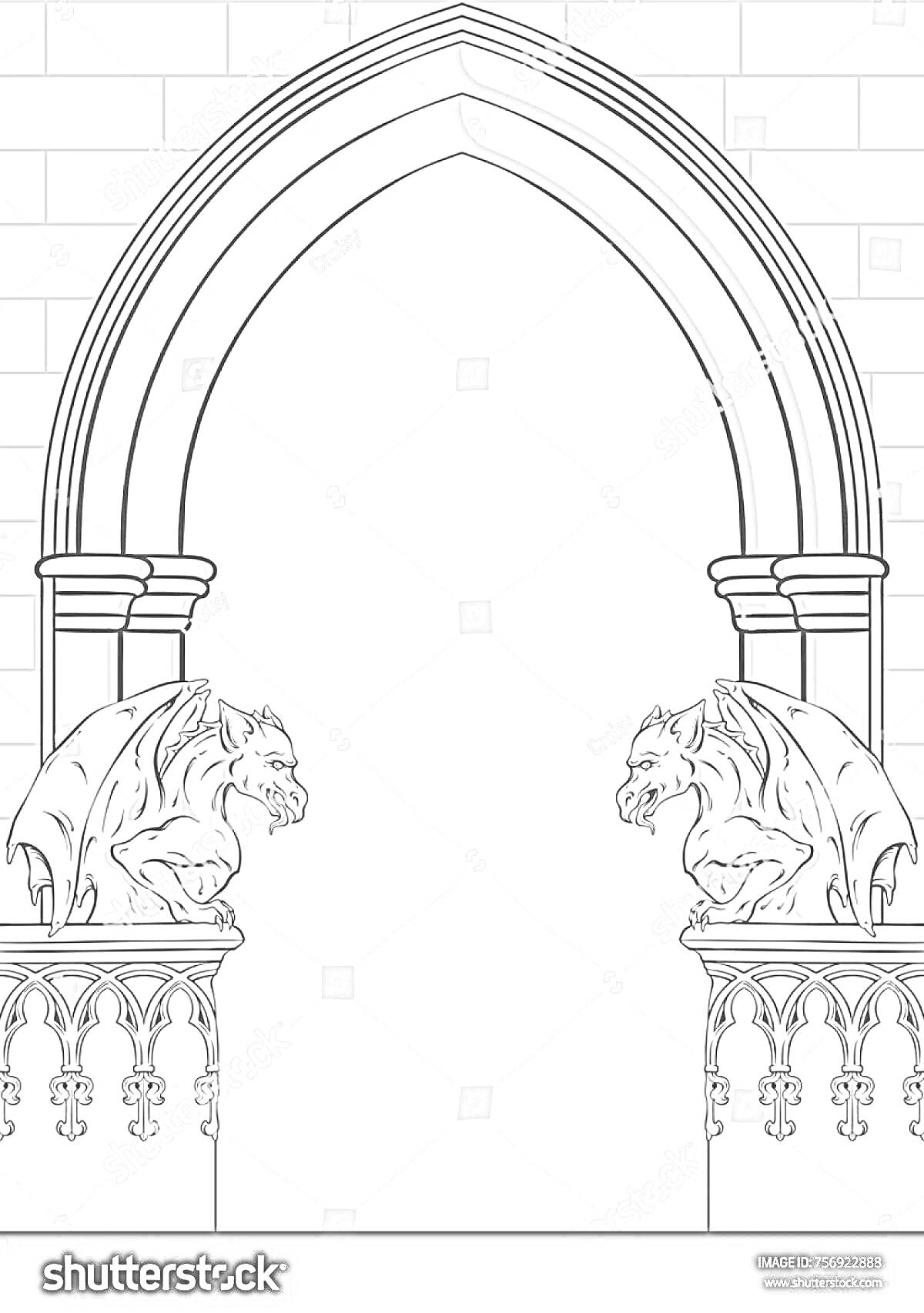 Раскраска Арка с двумя горгульями на фоне кирпичной кладки