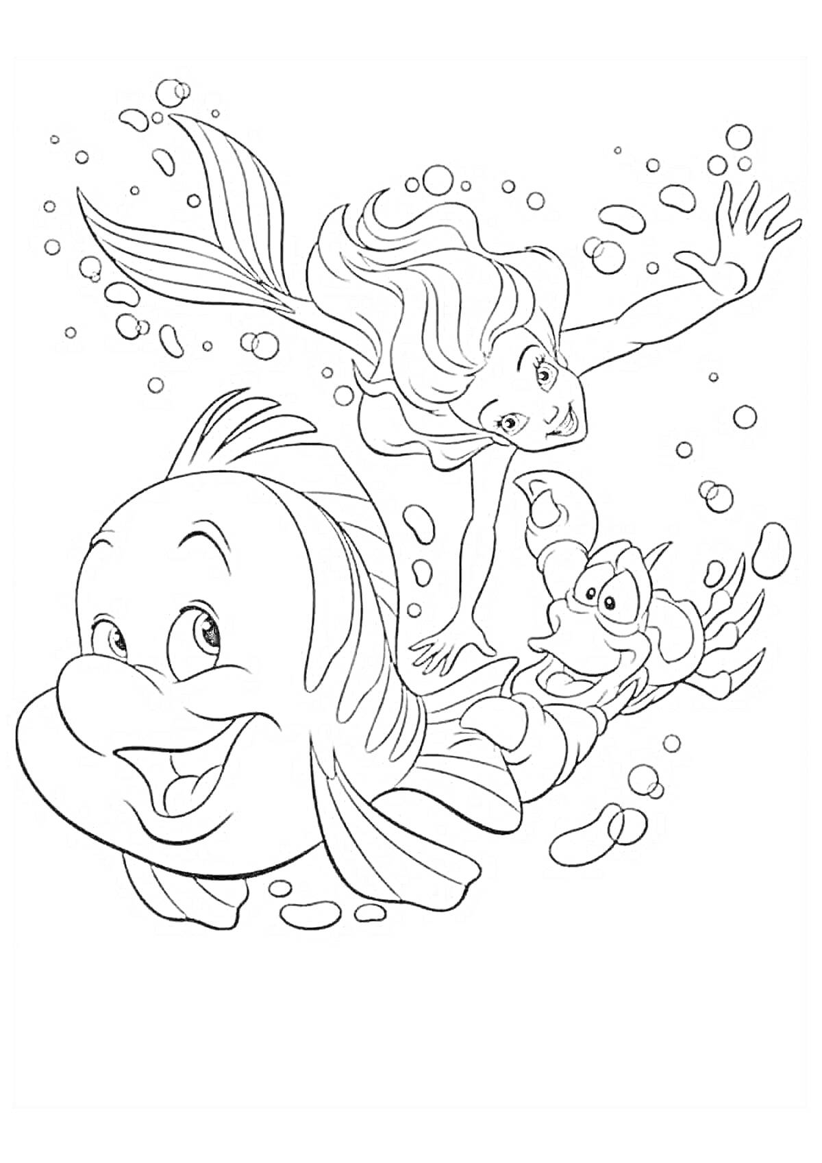 Раскраска Русалочка с друзьями под водой, пузырьки, рыбка, краб