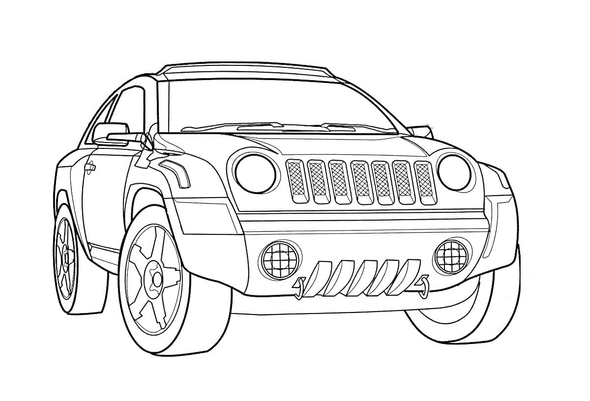Раскраска джип внедорожник, капот с горизонтальными жалюзи, круглые фары, большие колёса, двери с зеркалами, передний бампер с воздушными сетками