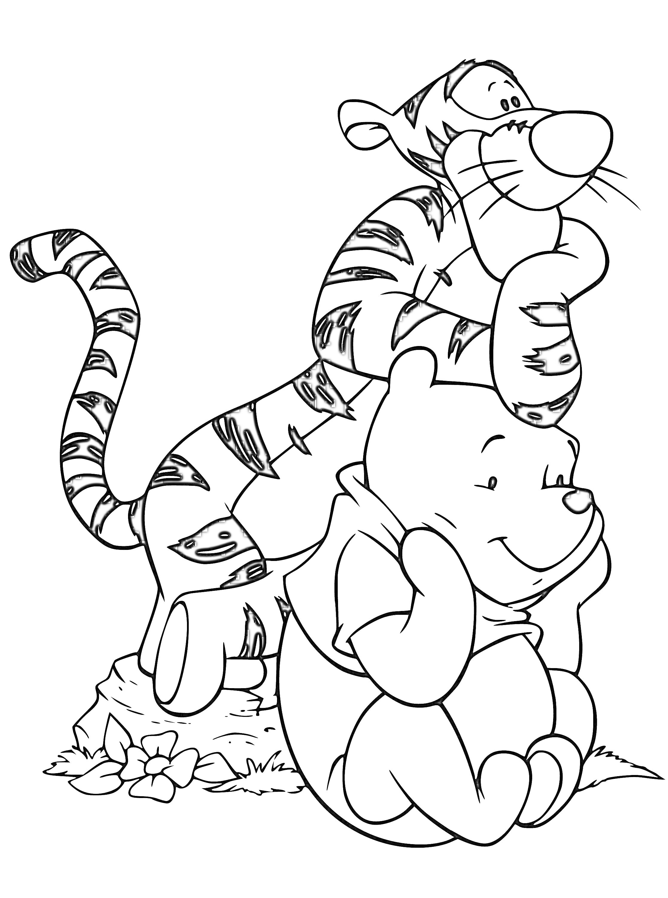 На раскраске изображено: Медведь, Тигр, Друзья, Животные, Цветы