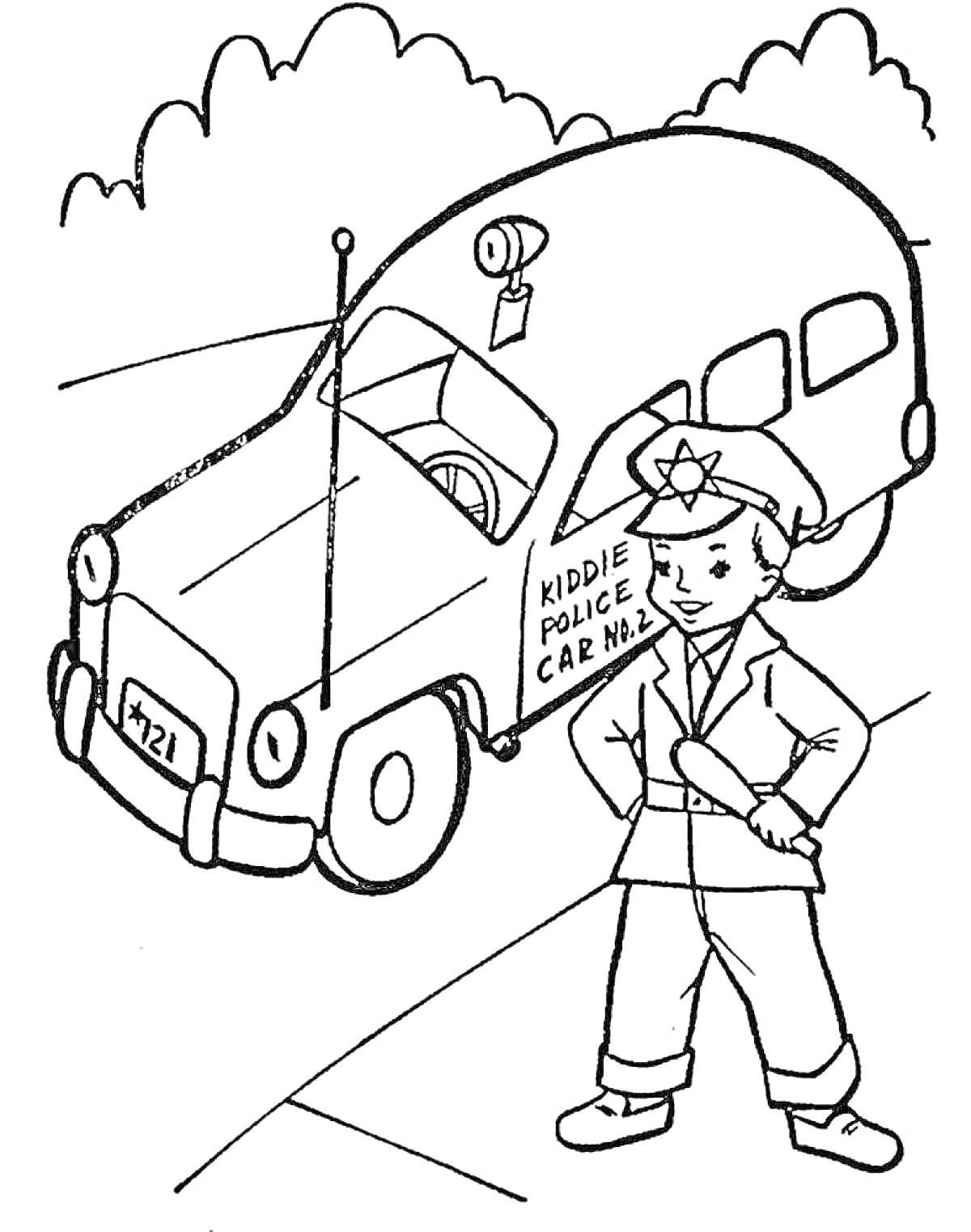 На раскраске изображено: Ребенок, Патрульная машина, Полиция, Значок