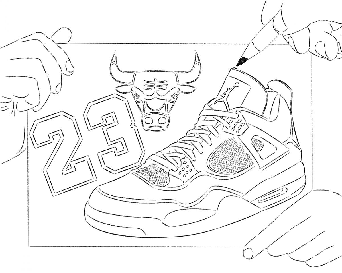 Раскраска Кроссовок Air Jordan 4 с эмблемой быка и числом 23