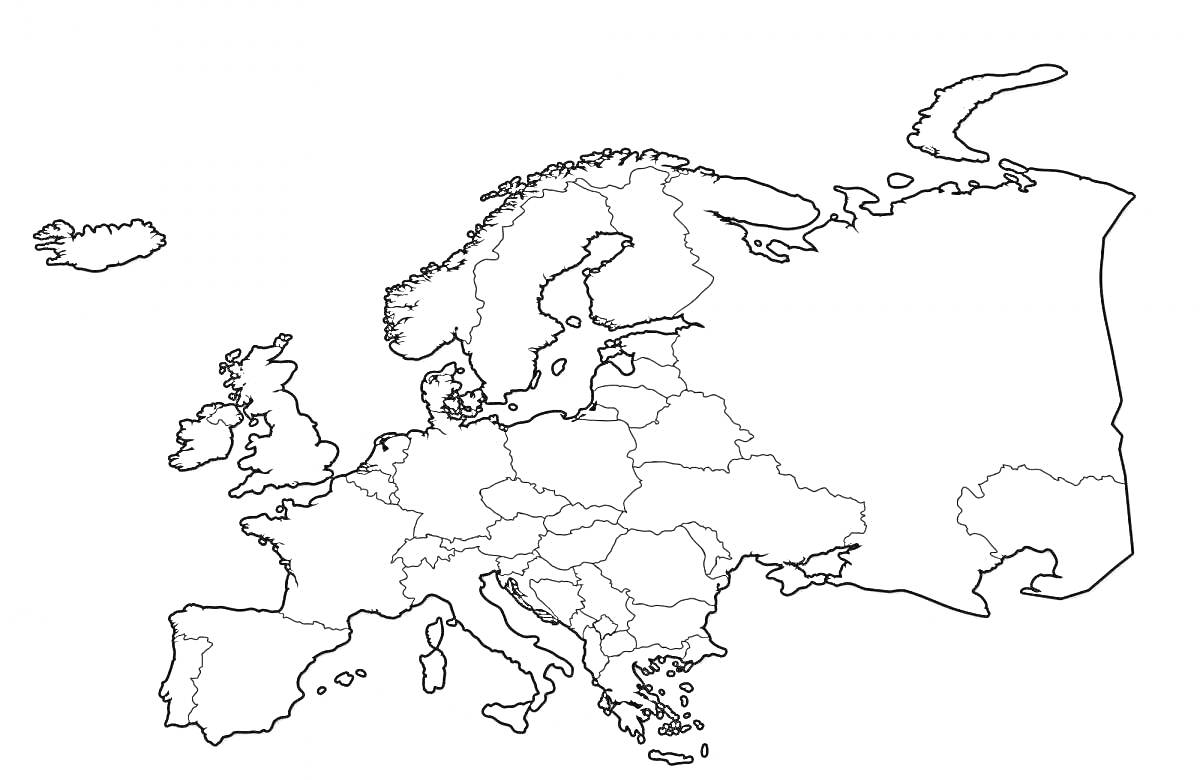 Контурная карта Европы с границами стран