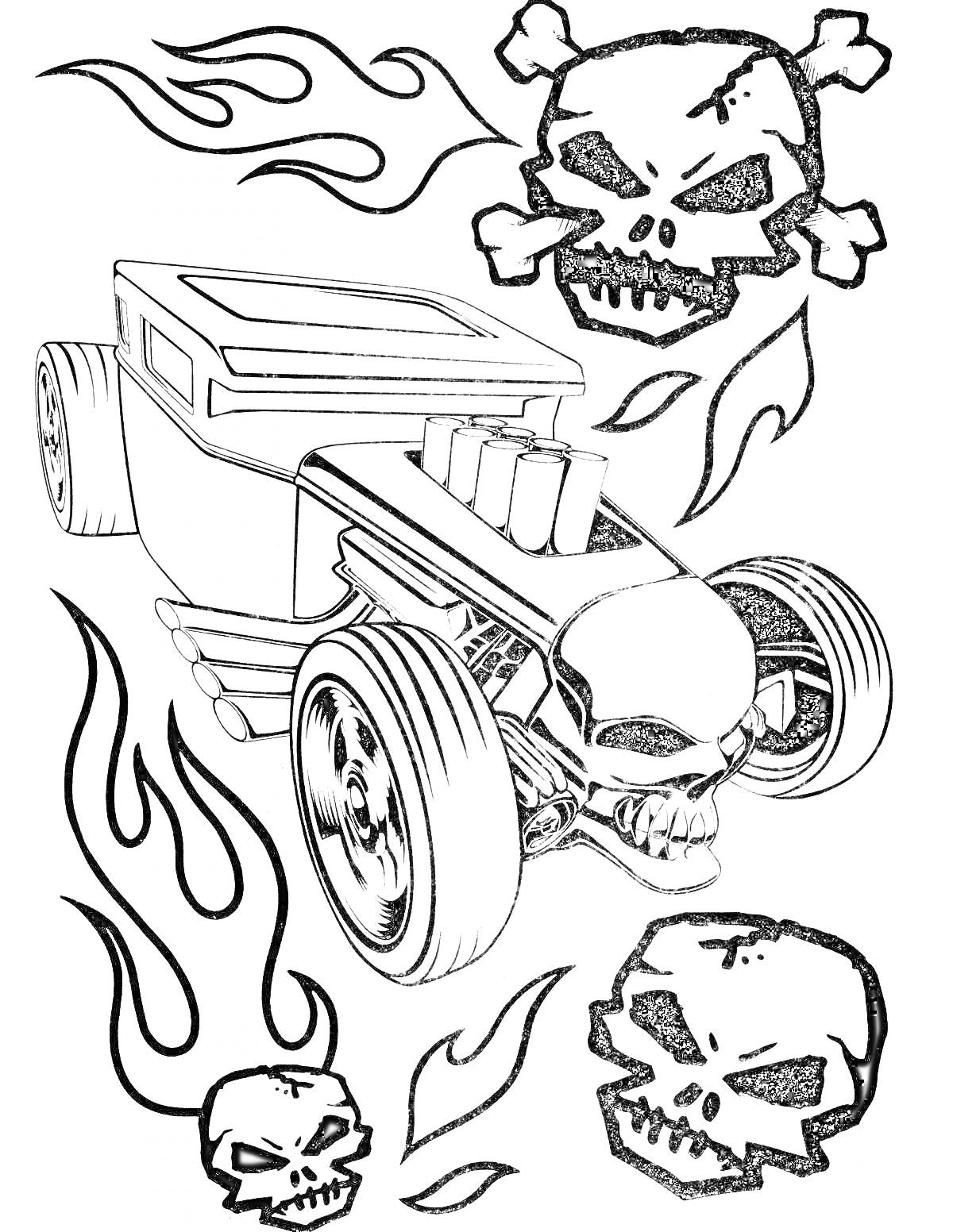 Раскраска Машинка Hot Wheels с элементами черепов и пламени