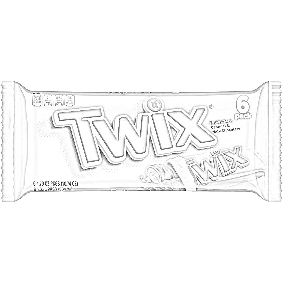 На раскраске изображено: Twix, Упаковка, Батончики, Шоколад, Бренд, Шоколадные батончики