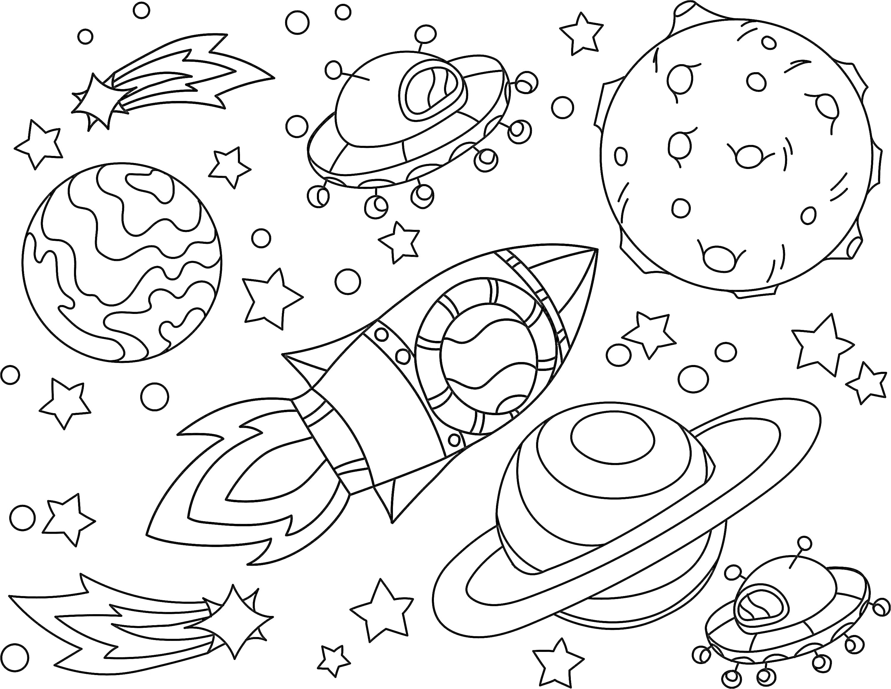 На раскраске изображено: Космос, Животные, Ракета, Комета, Звезды