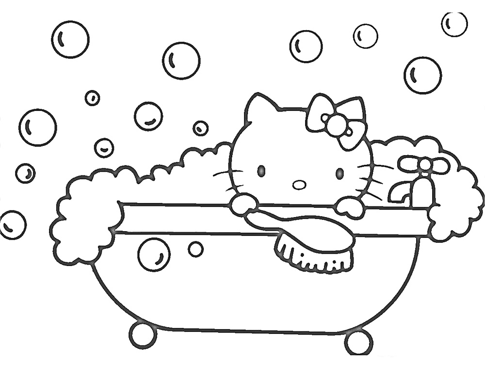 На раскраске изображено: Китти, Ванна, Пузыри, Щетка, Вода, Купание, Бант, Кот