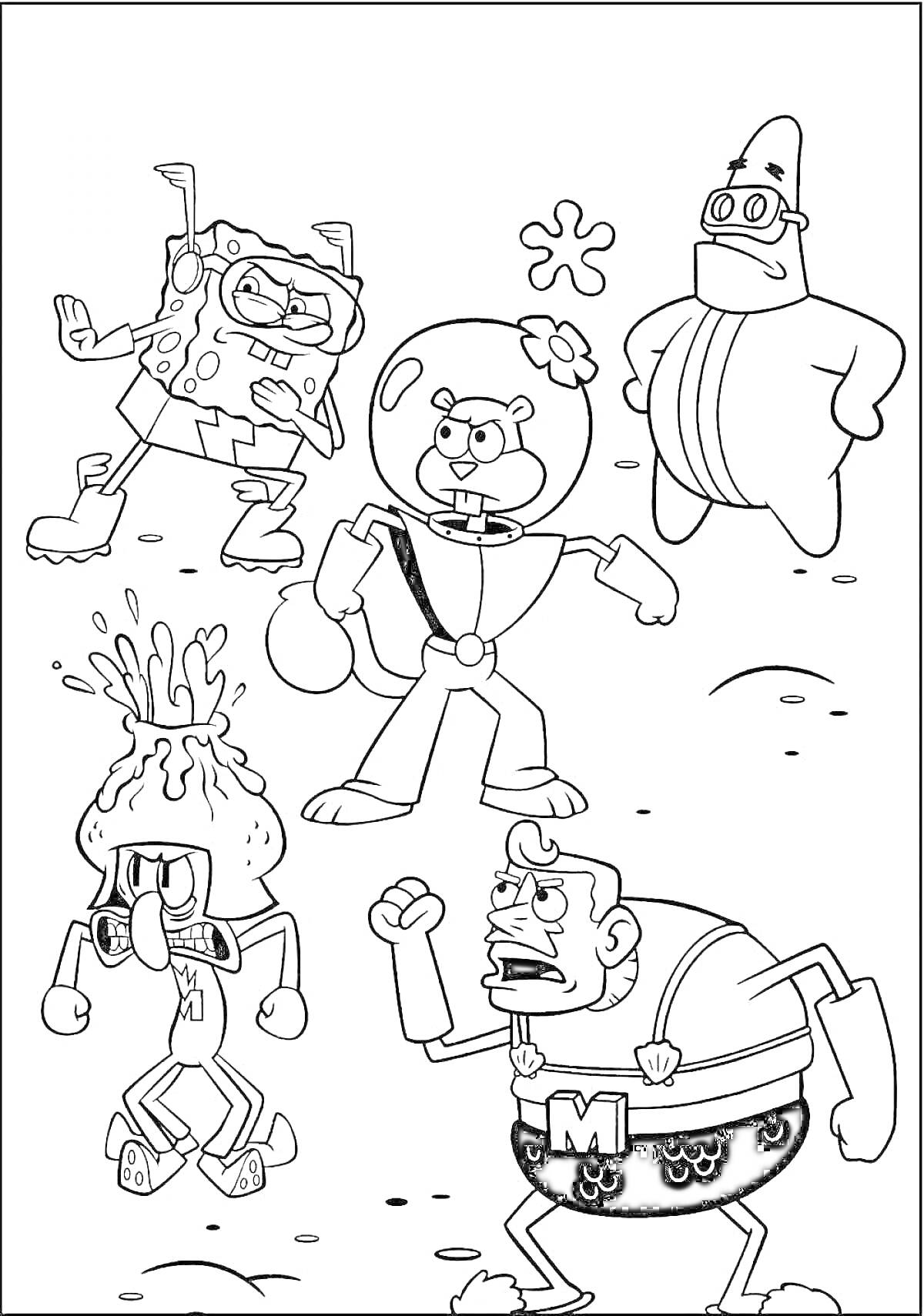На раскраске изображено: Спанч Боб, Сэнди, Патрик, Планктон, Медуза, Мистер Крабс, Битва, Подводный мир