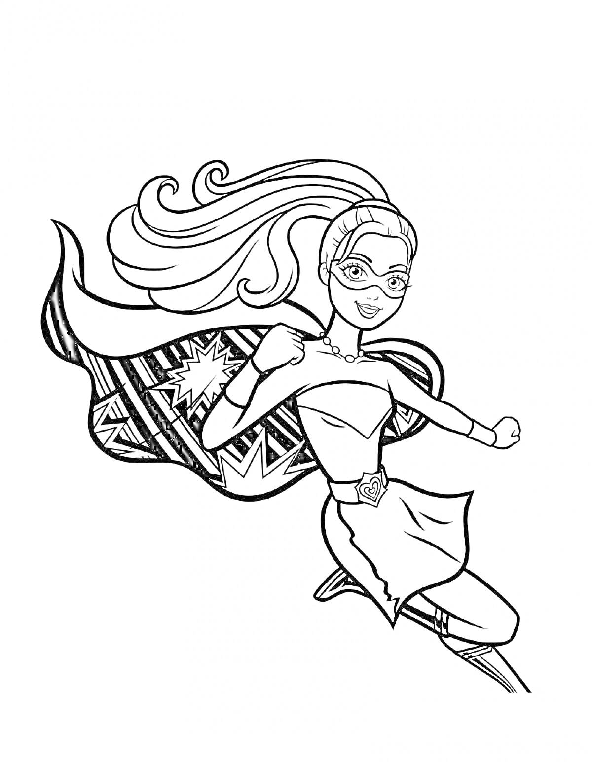 Раскраска Барби Супер Принцесса в полете с развевающимся плащом и маской
