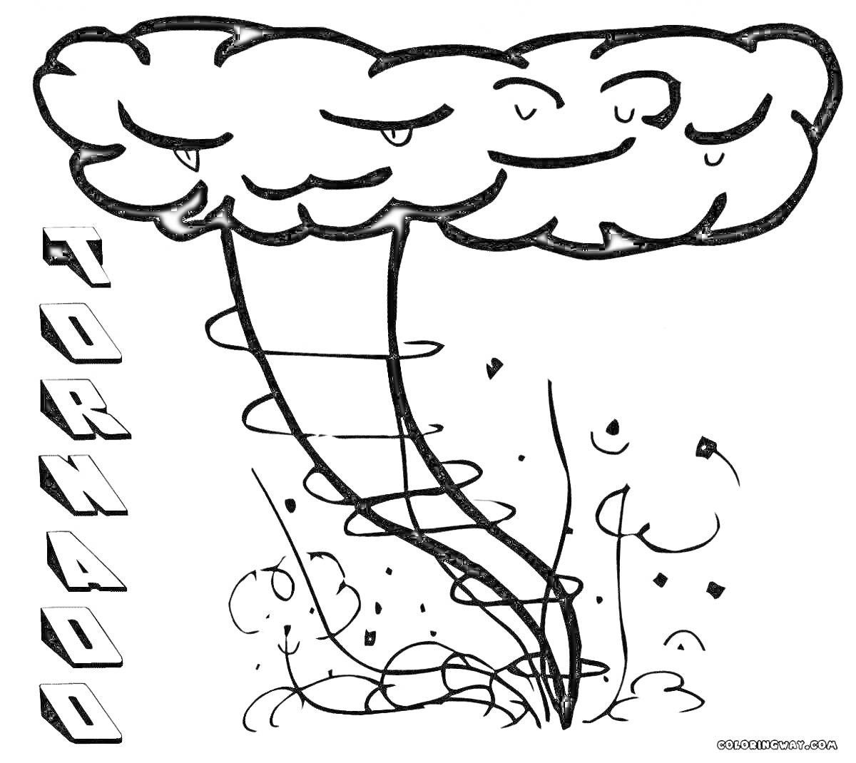 На раскраске изображено: Торнадо, Воронка, Ветер, Разрушения, Природа, Стихия