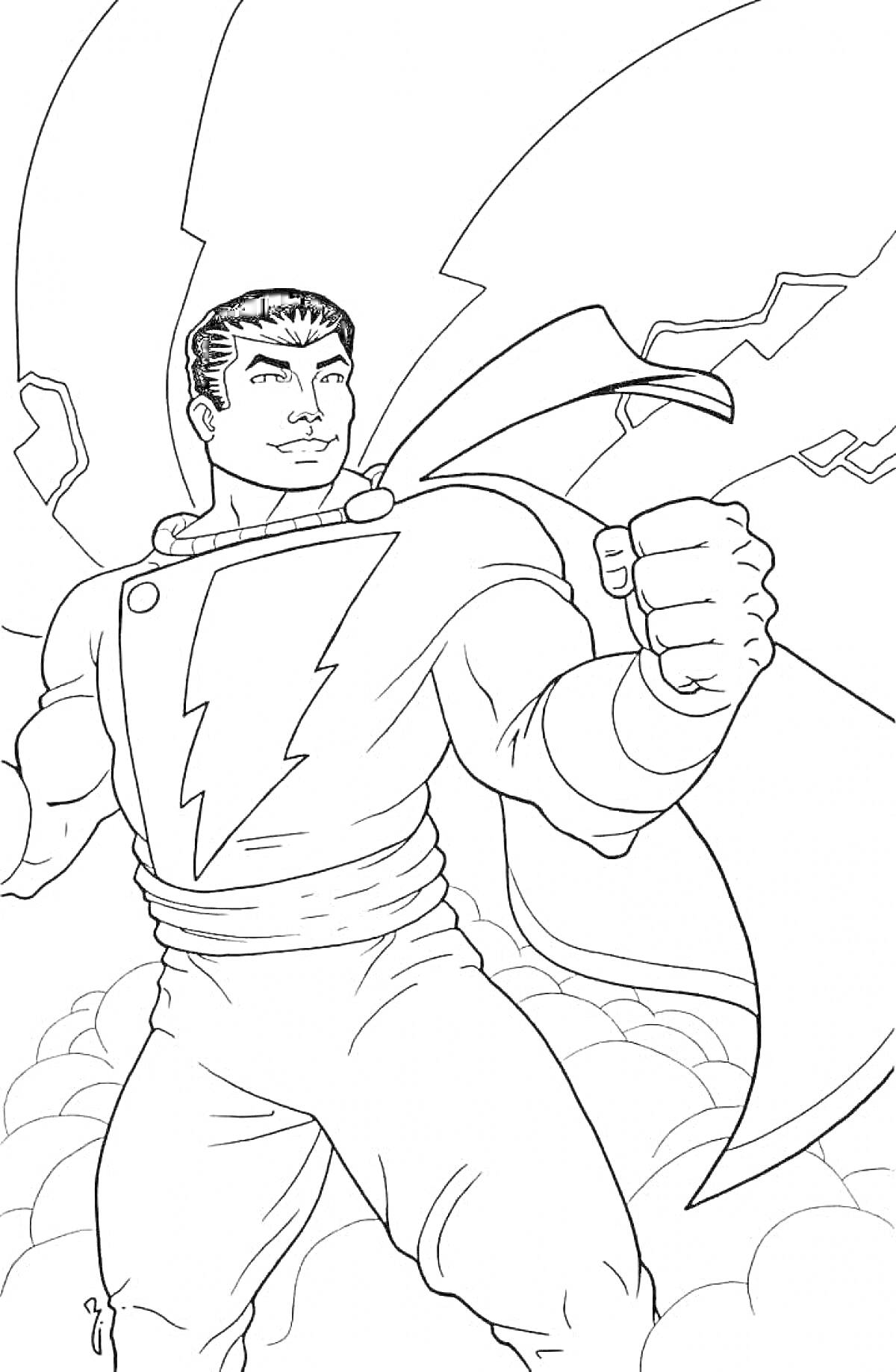 Раскраска Шазам в полете с молнией на груди, мантией и облаками на заднем плане