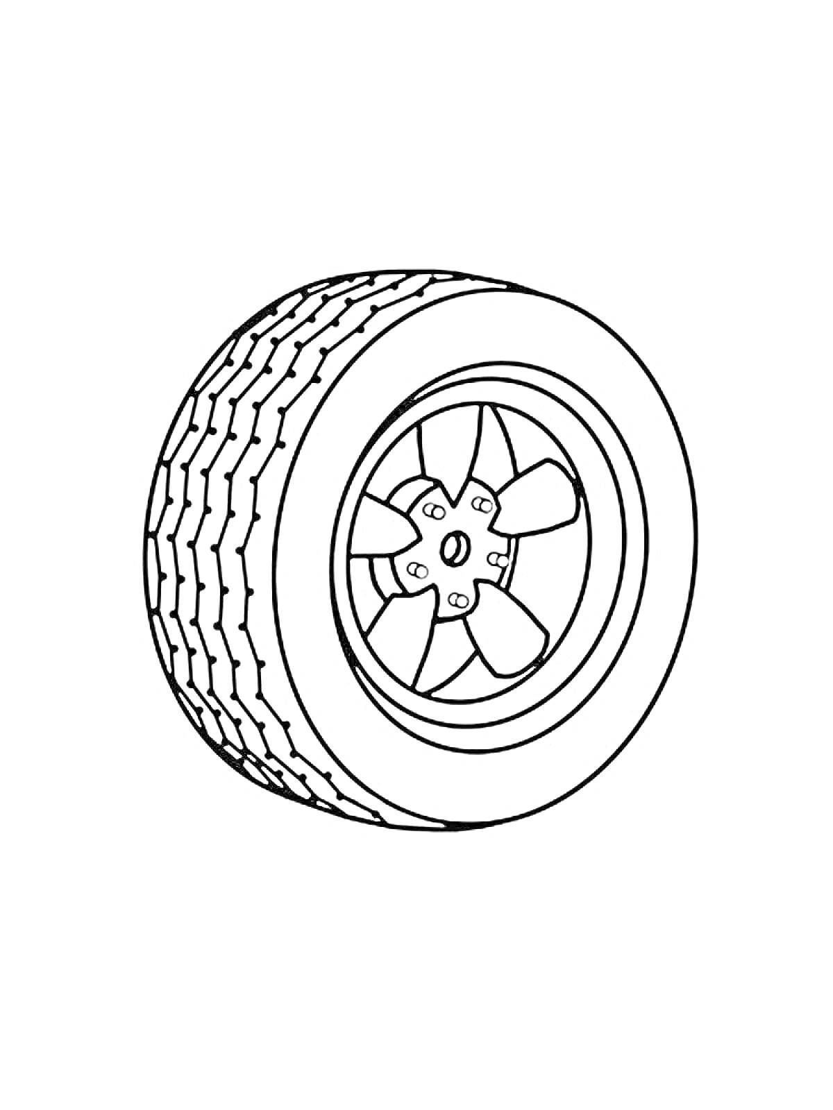 Раскраска Колесо автомобиля с пятью спицами и протектором шины