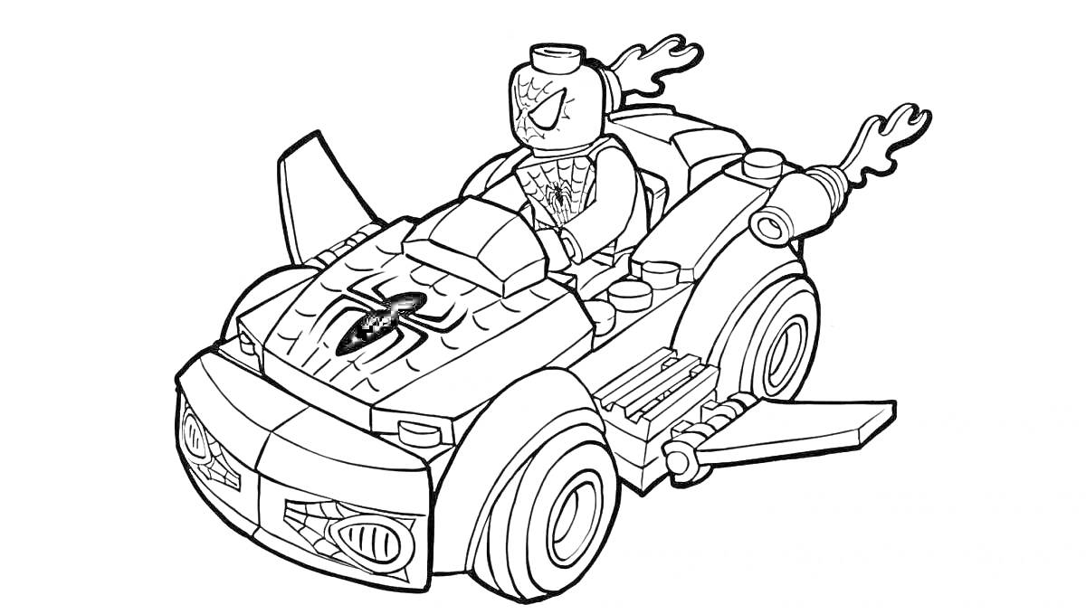 Раскраска Лего-человек в костюме человека-паука за рулем гоночного автомобиля с паучьим логотипом