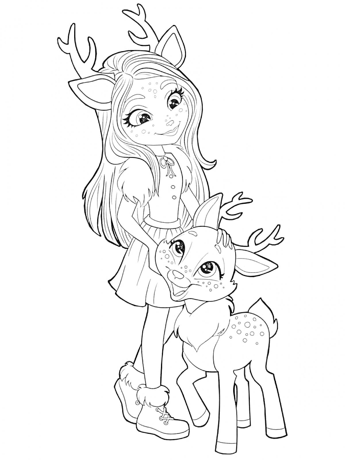 Раскраска Девочка-Энчантималс с ушками и рожками, в платье и обуви, держащая олененка с рожками
